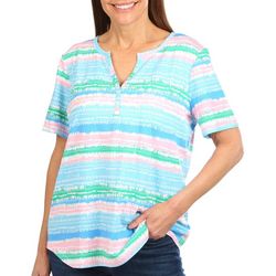 Coral Bay Womens Pattern Print Henley Short Sleeve Top