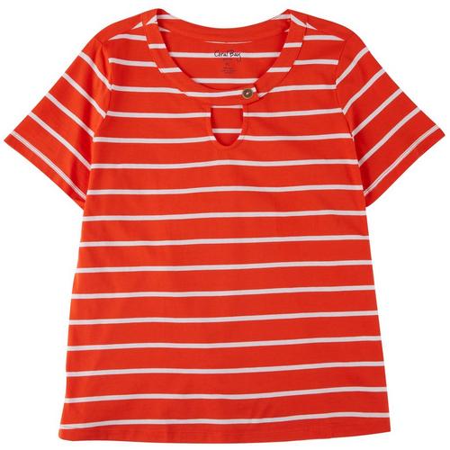 Coral Bay Womens Striped Button Keyhole Short Sleeve
