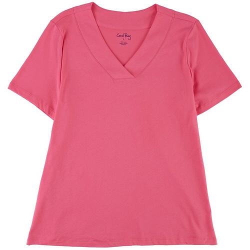 Coral Bay Womens Solid Wide V-Neck Short Sleeve