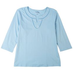 Coral Bay Womens Solid Split Neck 3/4 Sleeve Top