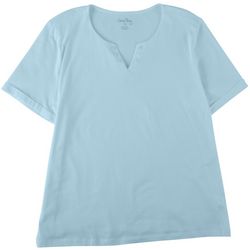 Coral Bay Womens Solid Notch Button Short Sleeve Top