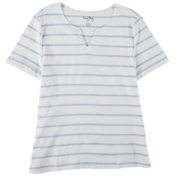 Coral Bay Womens Striped Notch Button Short Sleeve Top