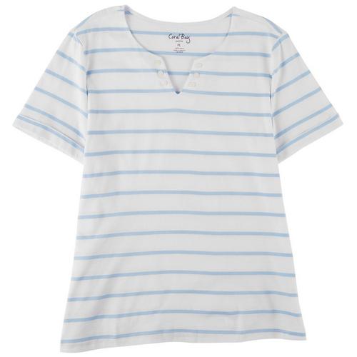 Coral Bay Womens Striped Notch Button Short Sleeve