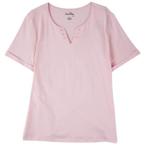 Coral Bay Womens Solid Notch Button Short Sleeve