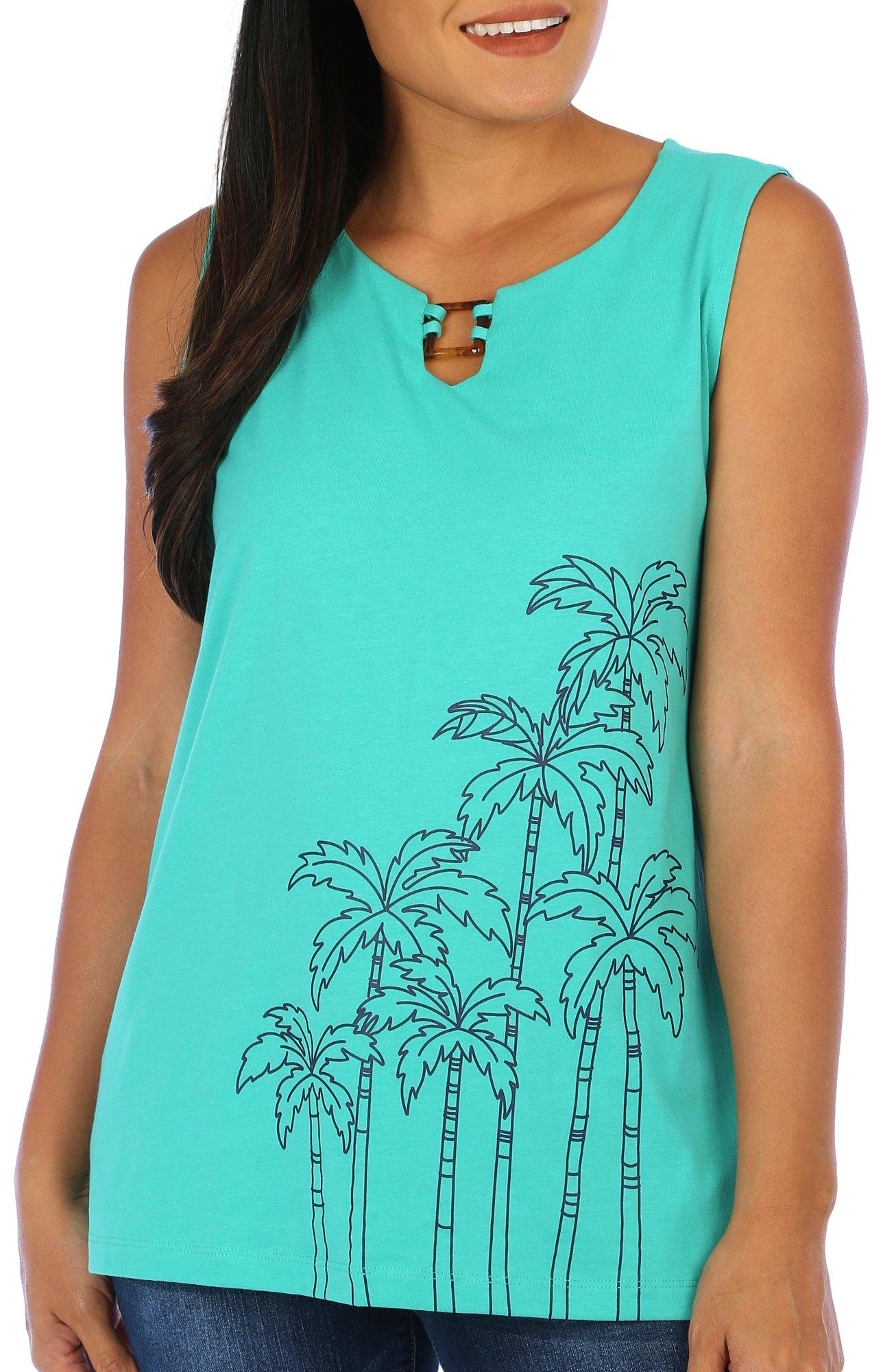 Coral Bay Womens Palm Print Square Ring Sleeveless Top