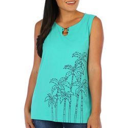 Coral Bay Womens Palm Print Square Ring Sleeveless Top