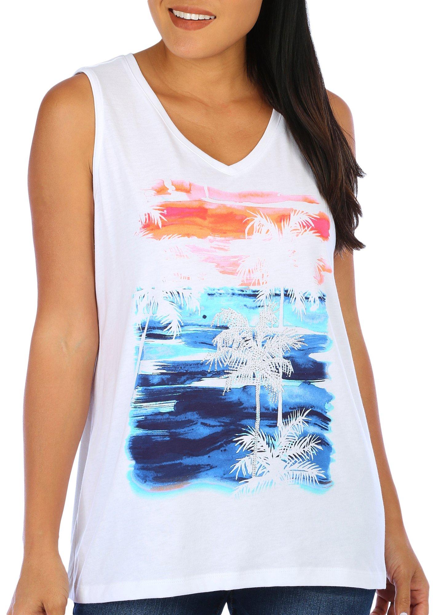 Coral Bay Womens Embellished Palms Sleeveless Top