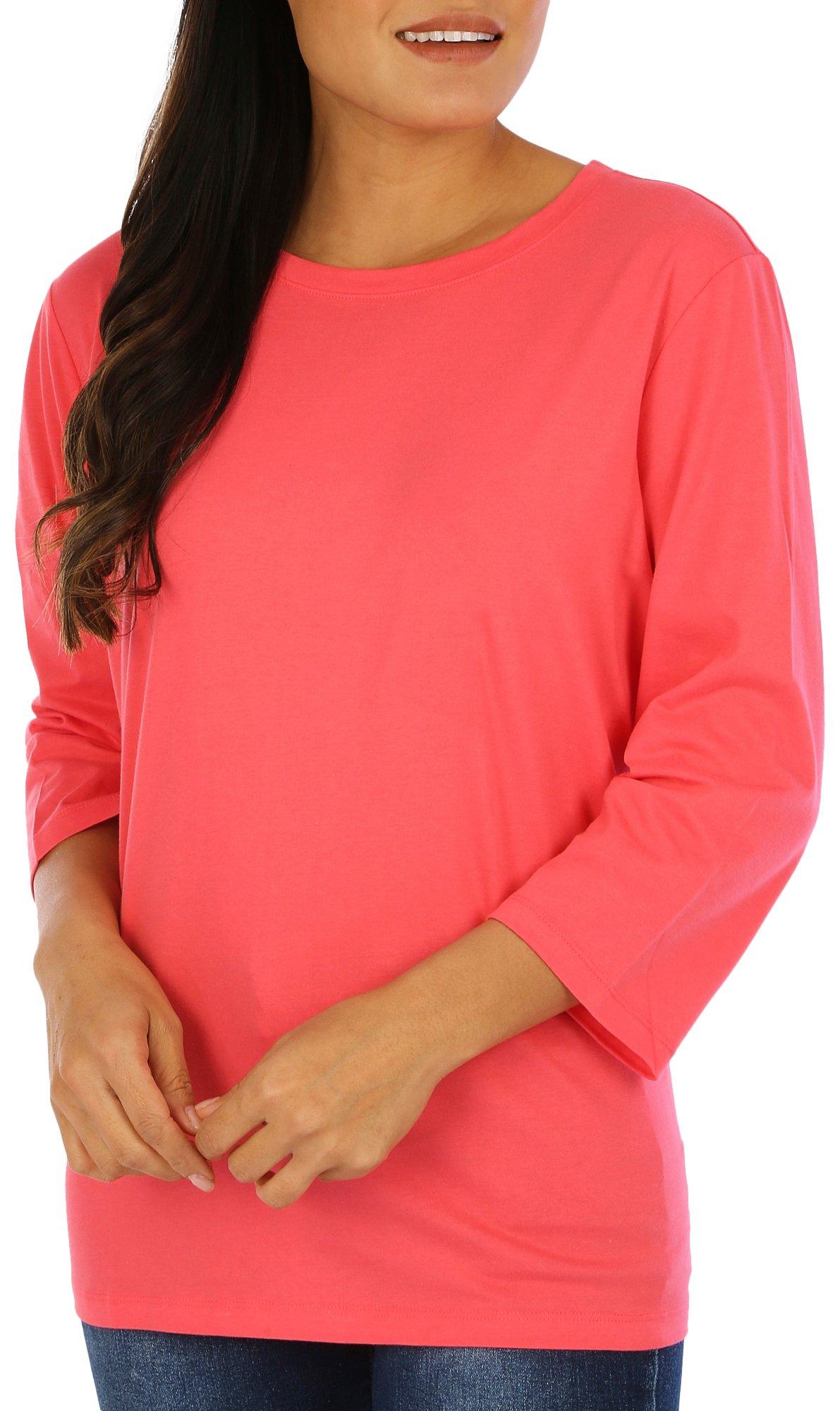 Coral Bay Womens Solid Round Neck 3/4 Sleeve Top