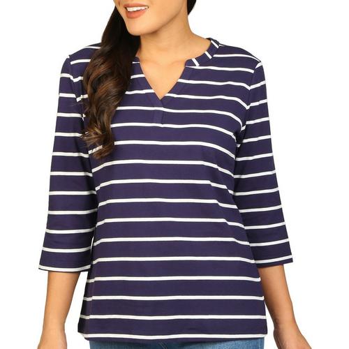 Coral Bay Womens Henley Stripe 3/4 Sleeve Top