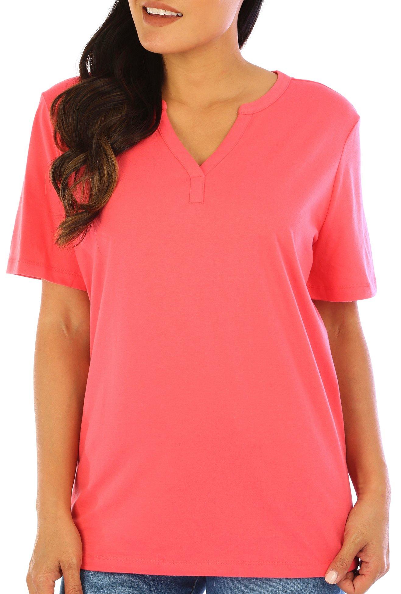 Coral Bay Womens Solid Henley Style Short Sleeve Top
