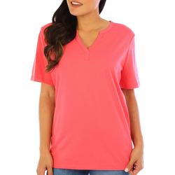 Womens Solid Henley Style Short Sleeve Top