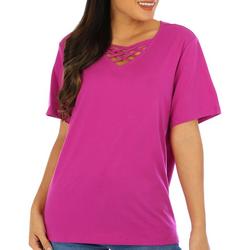Womens Solid Woven Keyhole V-Neck Short Sleeve Top