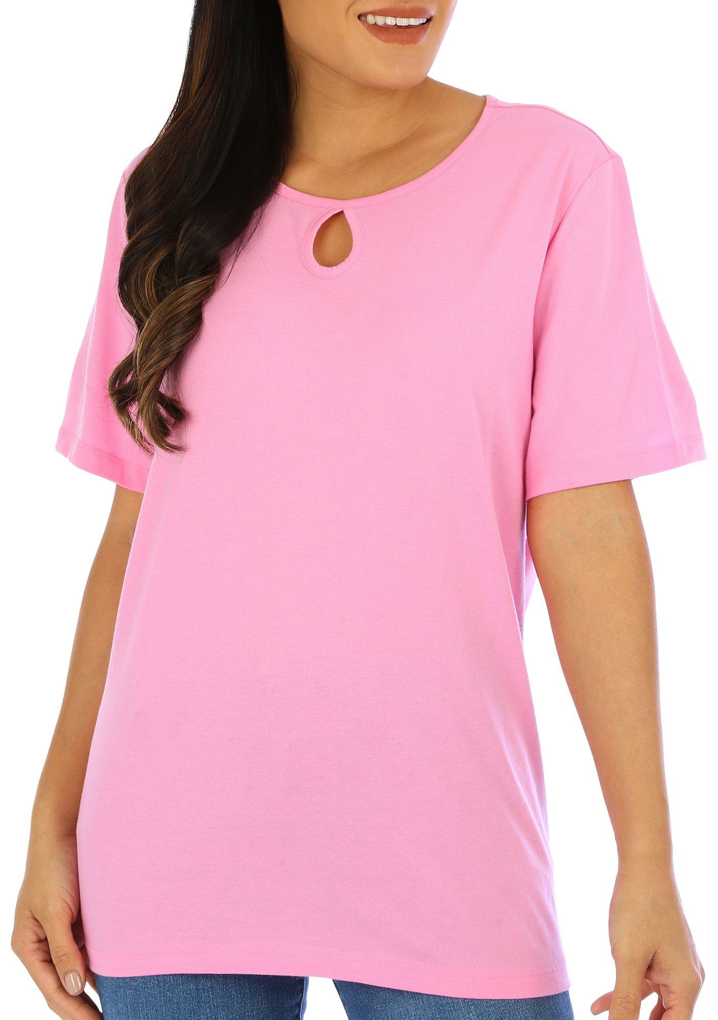 Womens Solid Keyhole Neck Short Sleeve Top