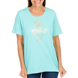 Coral Bay Womens Embellished Palms Short Sleeve Top