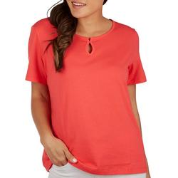 Womens Solid Round Keyhole Neck Short Sleeve Top