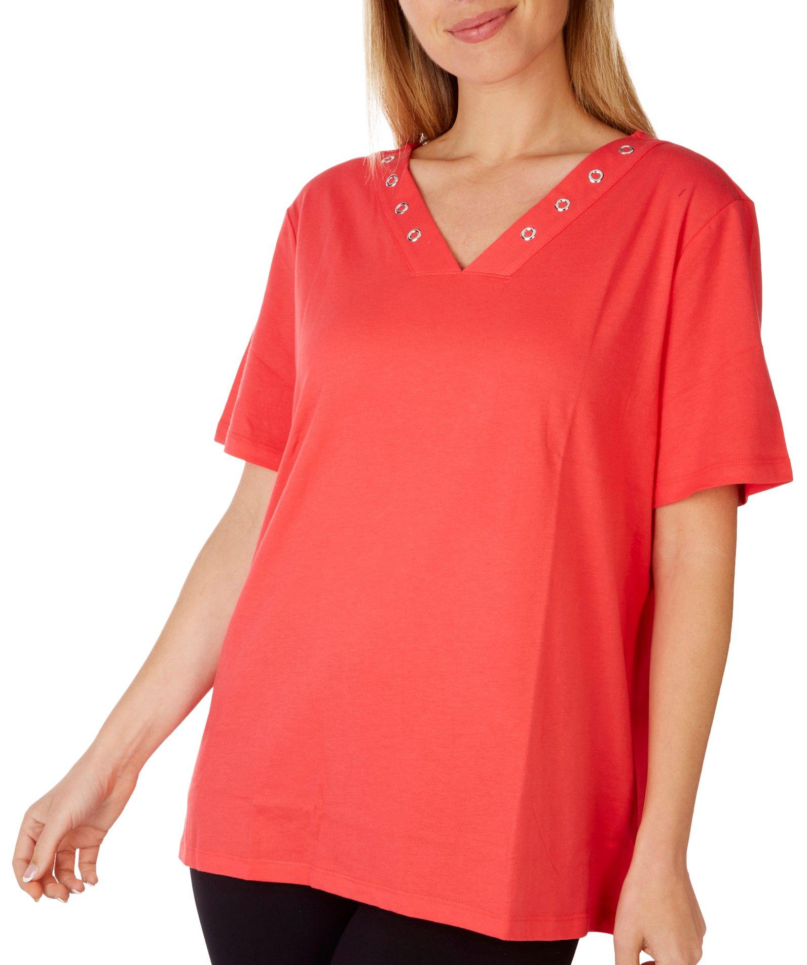 Coral Bay Womens Solid Grommet V-Neck Short Sleeve