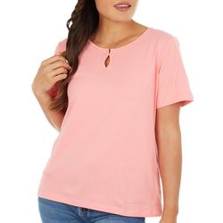 Coral Bay Womens Solid Round Keyhole Neck Short Sleeve Top