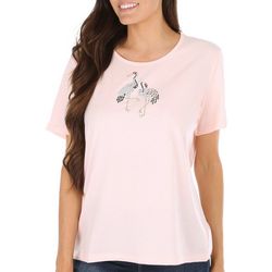 Coral Bay Womens Embellished Bird Pair Short Sleeve Top