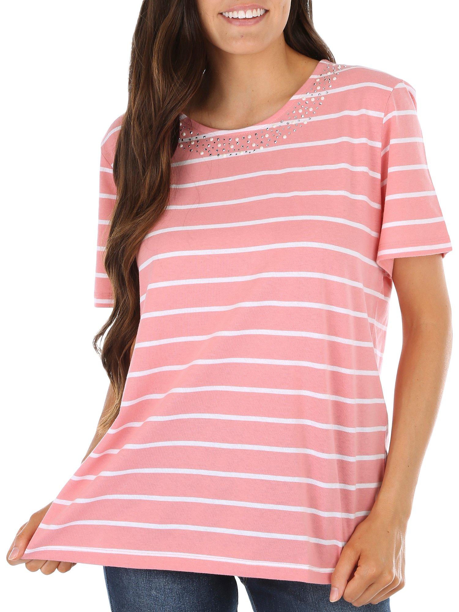 Womens Embellished Scoop Neckline Short Sleeve Top
