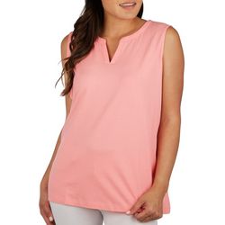 Womens Solid Banded Split Neck Sleeveless Top