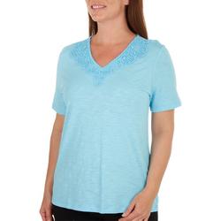 Womens Solid Lace V Neck Short Sleeve Top