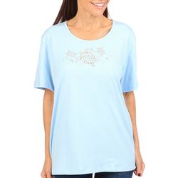 Coral Bay Womens Jewelled Turtle Short Sleeve Top