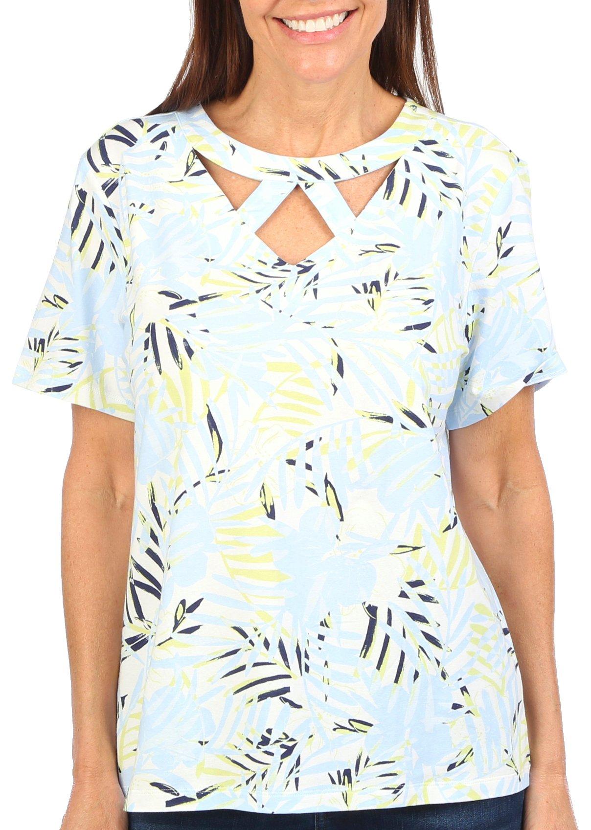 Coral Bay Womens Fronds Triple Keyhole Short Sleeve