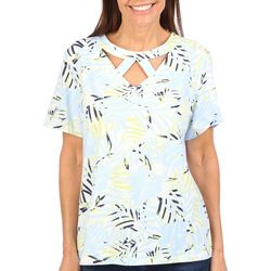 Coral Bay Womens Fronds Triple Keyhole Short Sleeve Top