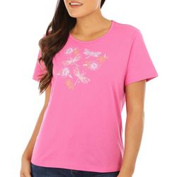 Coral Bay Womens Embellished Dragonfly Short Sleeve Top