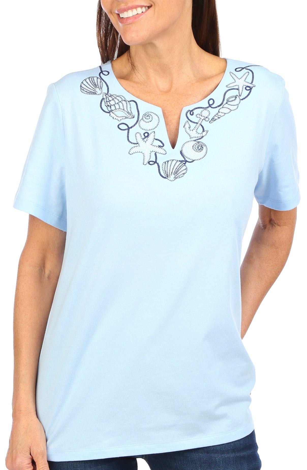 Womens Seashore Embroidered Notch Neck Short Sleeve Top