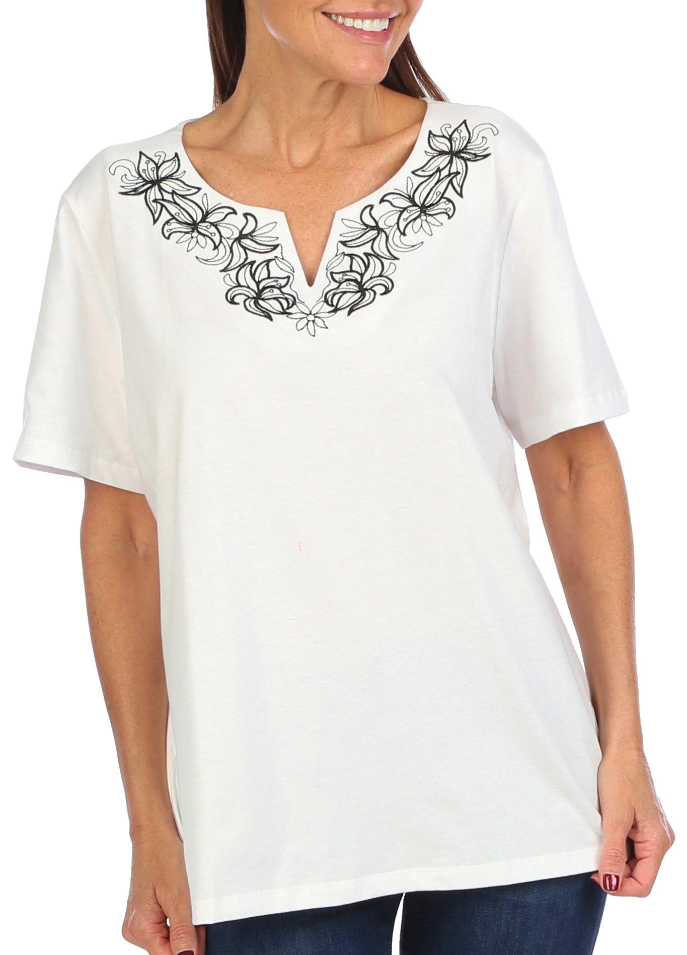 Coral Bay Womens Embroidered Notch Neck Short Sleeve Top