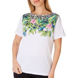 Coral Bay Womens Floral Embellished Short Sleeve Tee
