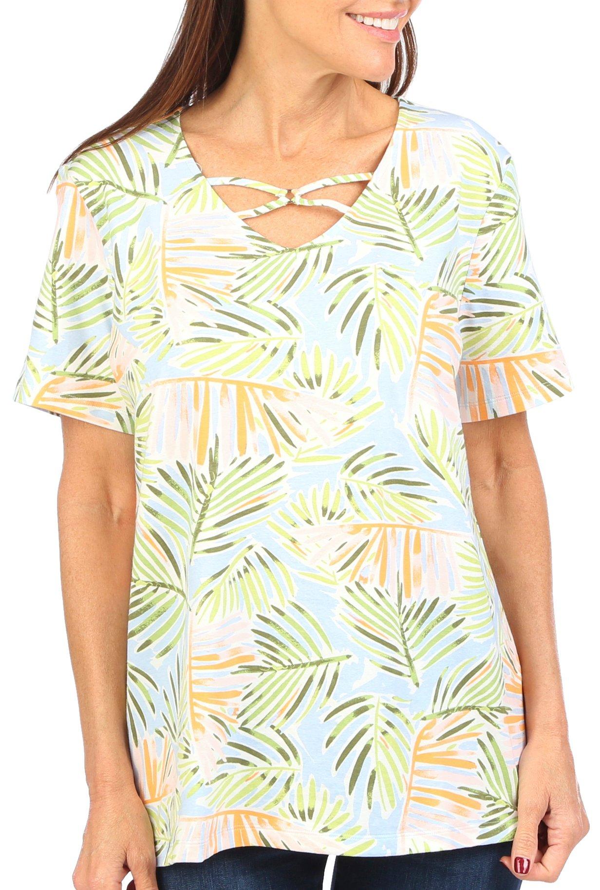 Coral Bay Womens Print O-Ring Crisscross Short Sleeve Top