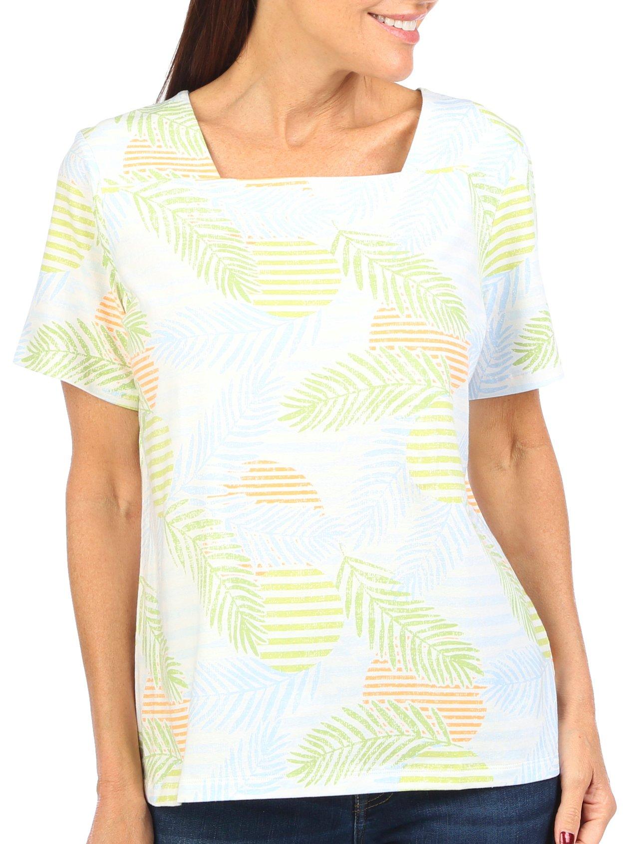 Coral Bay Womens Leaf Print Square Neck Short Sleeve Top