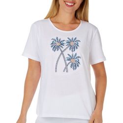 Coral Bay Womens Jewel Embroidered Palms Short Sleeve Top