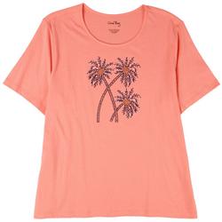Womens Embroidered Palm Tree Short Sleeve Top