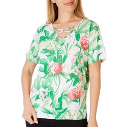 Coral Bay Womens Floral O-Ring Crisscross Short Sleeve Top