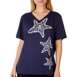 Coral Bay Womens Solid Starfish V-Neck Short Sleeve Top