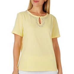 Coral Bay Womens Solid Embellished Keyhole Short Sleeve Top