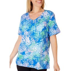 Coral Bay Womens Stamped Leaf Henley Short Sleeve Top