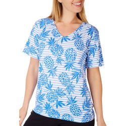 Coral Bay Womens Striped Pineapple V Neck Short Sleeve Top