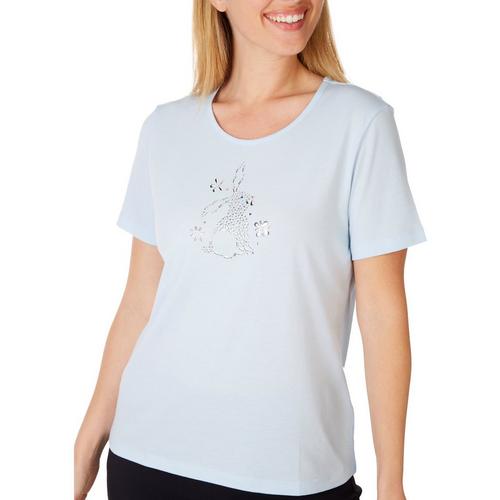 Coral Bay Womens Embellished Rabbit Short Sleeve Top