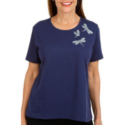Coral Bay Womens Dragonfly Embroidered Short Sleeve Top