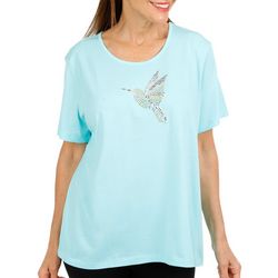 Womens Solid Jeweled Bird Short Sleeve T-Shirt