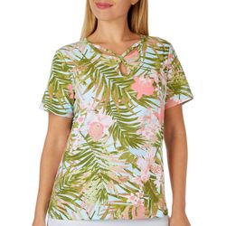 Coral Bay Womens Floral Embellished Loop Short Sleeve Top