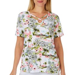 Coral Bay Womens Graphic Triple Keyhole Short Sleeve Top
