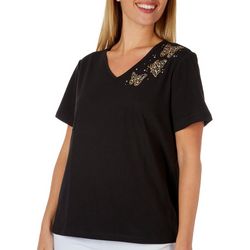 Coral Bay Women Butterfly Jeweled V Neck Short Sleeve Top