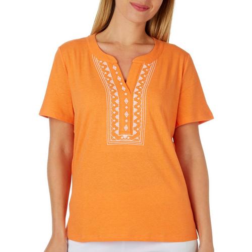 Coral Bay Womens Solid Mosaic Embroidered Short Sleeve