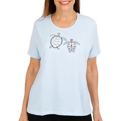 Coral Bay Womens Embroidered Turtle Scoop Short Sleeve Top