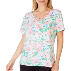 Coral Bay Womens Floral Beaded Crisscross Short Sleeve Top
